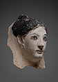 Mask of a woman with her hair in a small knot, Plaster, paint, glass