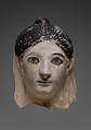 Mask of a woman with her hair in a small knot, Plaster, paint, glass