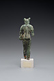 Bastet holding a lion-headed aegis, a sistrum (broken), and a basket, Bronze or copper alloy