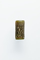 Cylinder seal with an image of seated Hathor, Green muscovite (fuchsite)