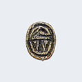 Design Amulet, Cow Nursing Calf and also a Kneeling Suckling Man Visible on Opposite Side on the Back, Device showing Antithetical Falcons with an Ankh Sign over a Lion, Steatite, glazed