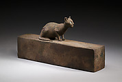 Box for animal mummy surmounted by a cat, inscribed, Cupreous metal