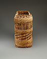 Basket, divided to hold three bottles, Basketry