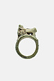 Ring with a bezel in the form of a baboon in a chariot pulled by two lions, Faience