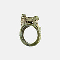 Ring with a bezel in the form of a baboon in a chariot pulled by two lions, Faience