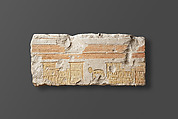 Relief fragment with a temple courtyard, Limestone, paint (mostly modern)