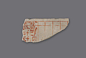 Ostracon with a grid giving days of the months in hieratic against names and locations in hieroglyphs, Limestone, ink