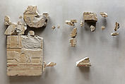 Relief fragments from the tomb of Neferu showing richly adorned attendants moving right to left, Limestone, paint