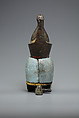 Attachment in the form of the head of a goddess wearing the double crown, Leaded bronze, gold and electrum sheet on crown, Egyptian blue and glass inlays