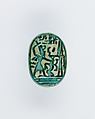 Scarab Depicting Ramesses II Smiting a Prisoner Before Amun, Steatite, glazed