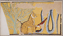 Wall painting of a cat killing a serpent, Charles K. Wilkinson, Tempera on paper