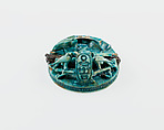Button seal with the cartouches of Senwosret III, Green glazed steatite, metal pin in boring