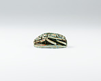 Scarab with ornate back including prenomen of Ramesses II and the phrase beloved of Maat and Thoth, Glazed steatite