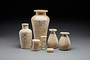 Model Ointment Jar from a Foundation Deposit, Travertine (Egyptian alabaster), paint