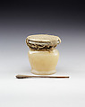 Kohl Jar with the Lid Tied in Place and Kohl Stick, Travertine (Egyptian alabaster), linen, linen cord, ebony