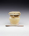 Kohl Jar with the Lid Tied in Place and Kohl Stick, Travertine (Egyptian alabaster), linen, linen cord, ebony