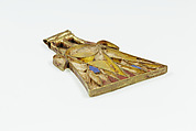 Lotus pendant, Gold, carnelian, blue glass, pigmented calcareous bedding material