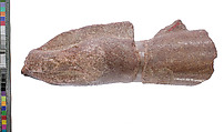 left hand and arm fragment with Aten cartouches from a statue supporting a stela?, Red quartzite