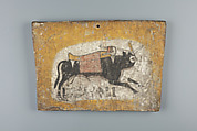 Coffin Footboard depicting Apis bull carrying mummy, Wood, paint, cloth, paste