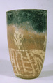 White cross-lined ware beaker with geometric and floral design, Pottery, paint