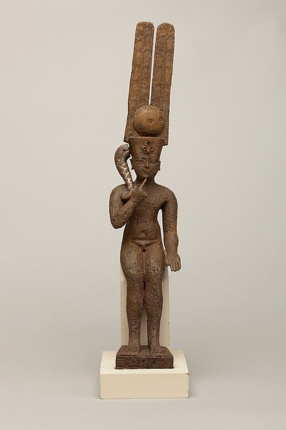 Seated Harpokrates with the crown of Amun, named as "Harpokrates