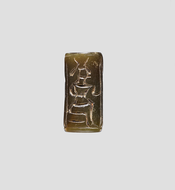 Cylinder seal with an image of seated Hathor by an unrecorded maker, The Metropolitan Museum of Art