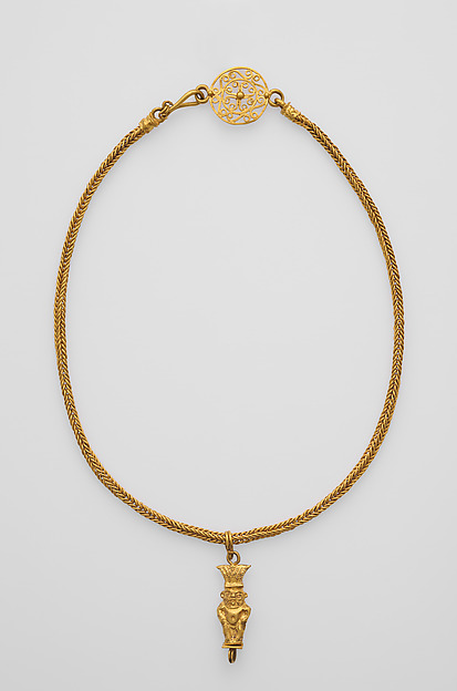 Loop-in-loop chain with intricate openwork medallion at the clasp and a gold Bes pendant by an unrecorded maker, The Metropolitan Museum of Art