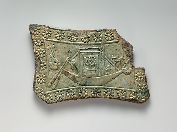 Model tambourine with rosette border, Bastet on one side, her boat with naos on the other