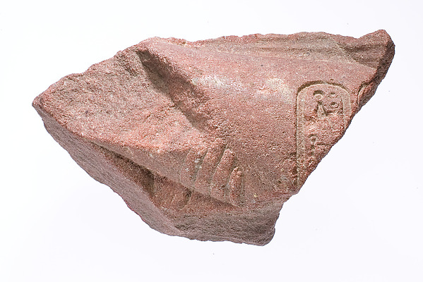 Forearm from a bent royal arm crossing the front profile of figure's body and the rear profile of a second figure, arm marked with Aten cartouches, supported by the hand of an Aten ray
