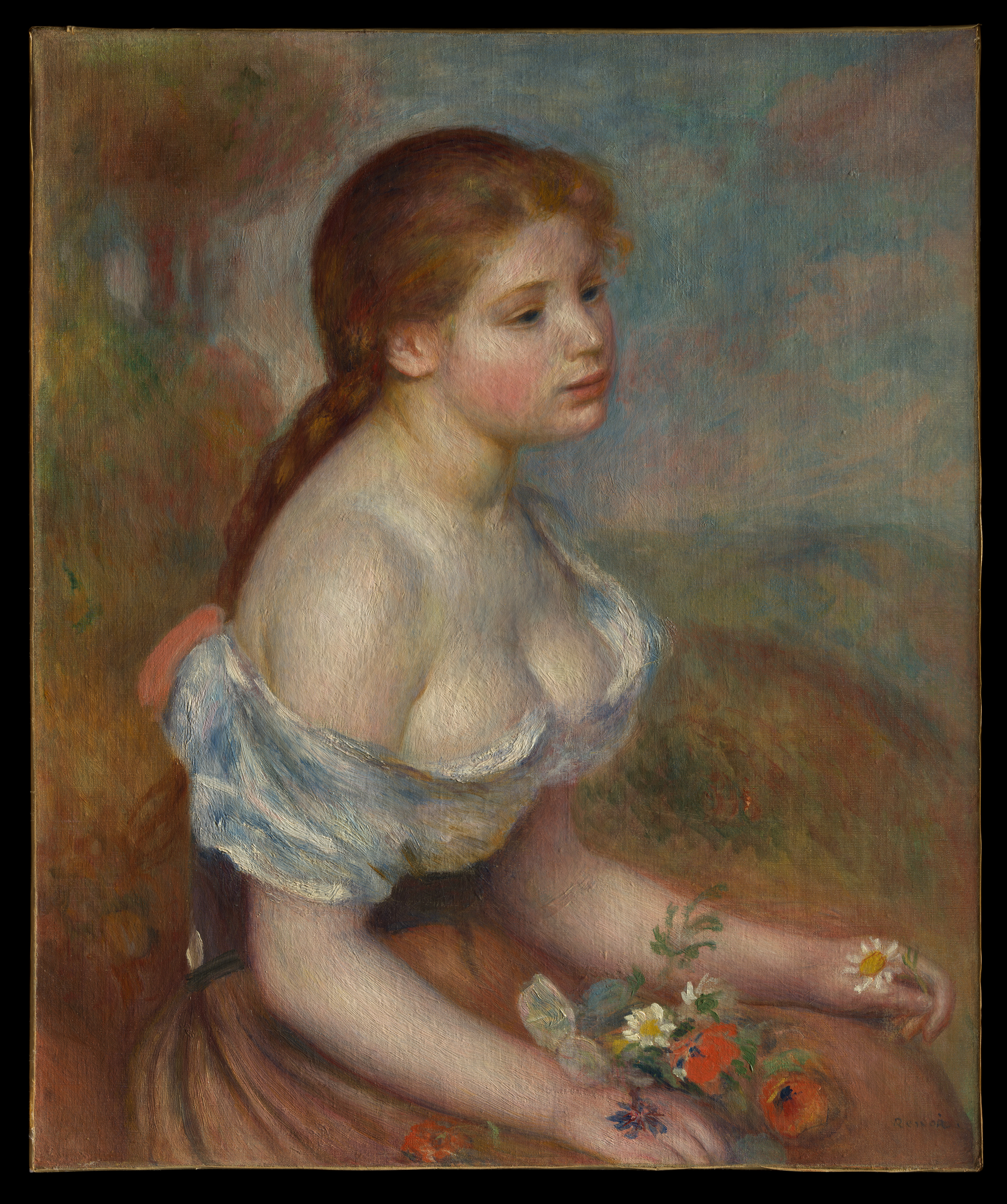 Girl with a Red Hair Ribbon by Pierre Auguste Renoir Reproduction For Sale