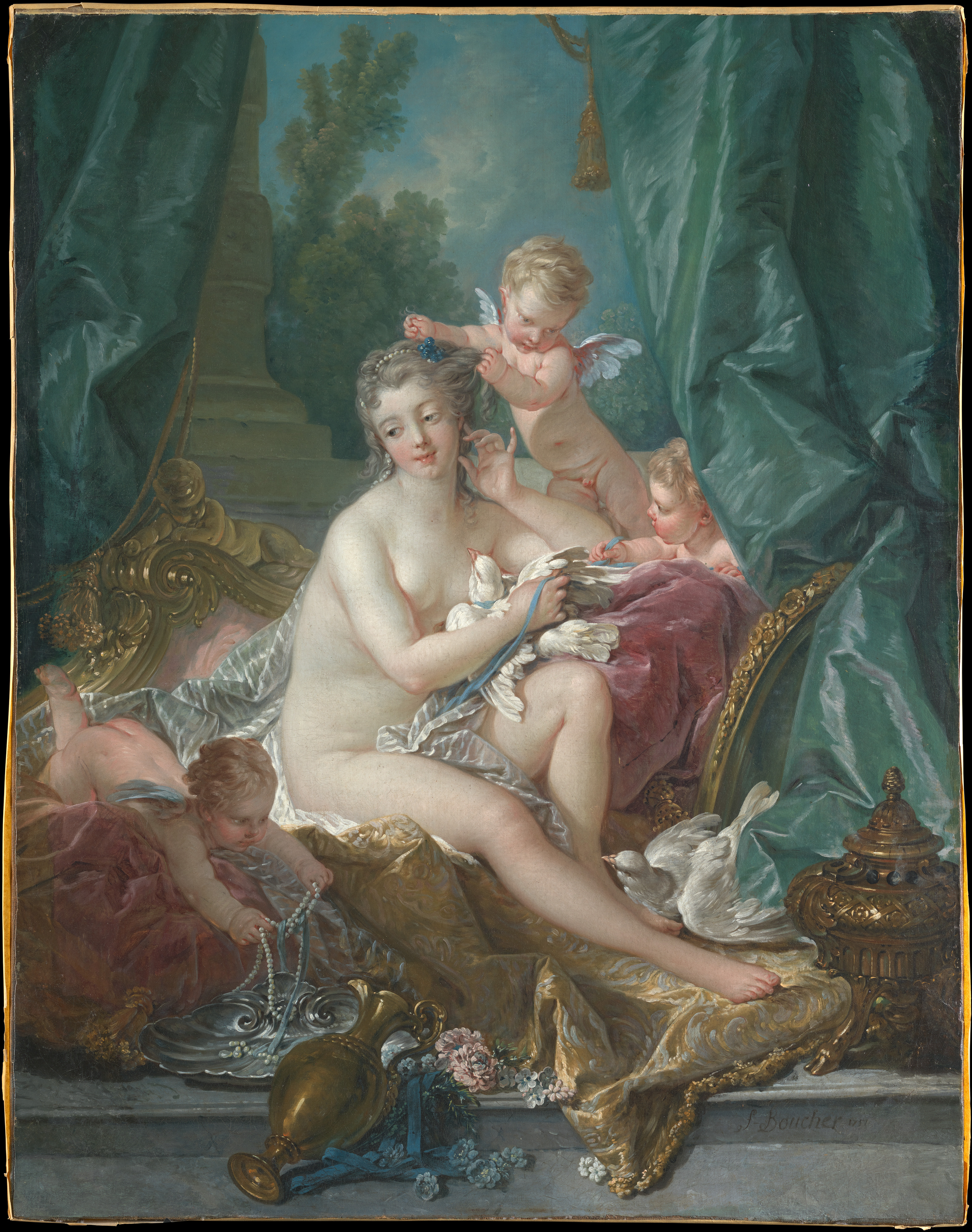 The Toilet of Venus & angels in landscape 36" Oil painting francois boucher 
