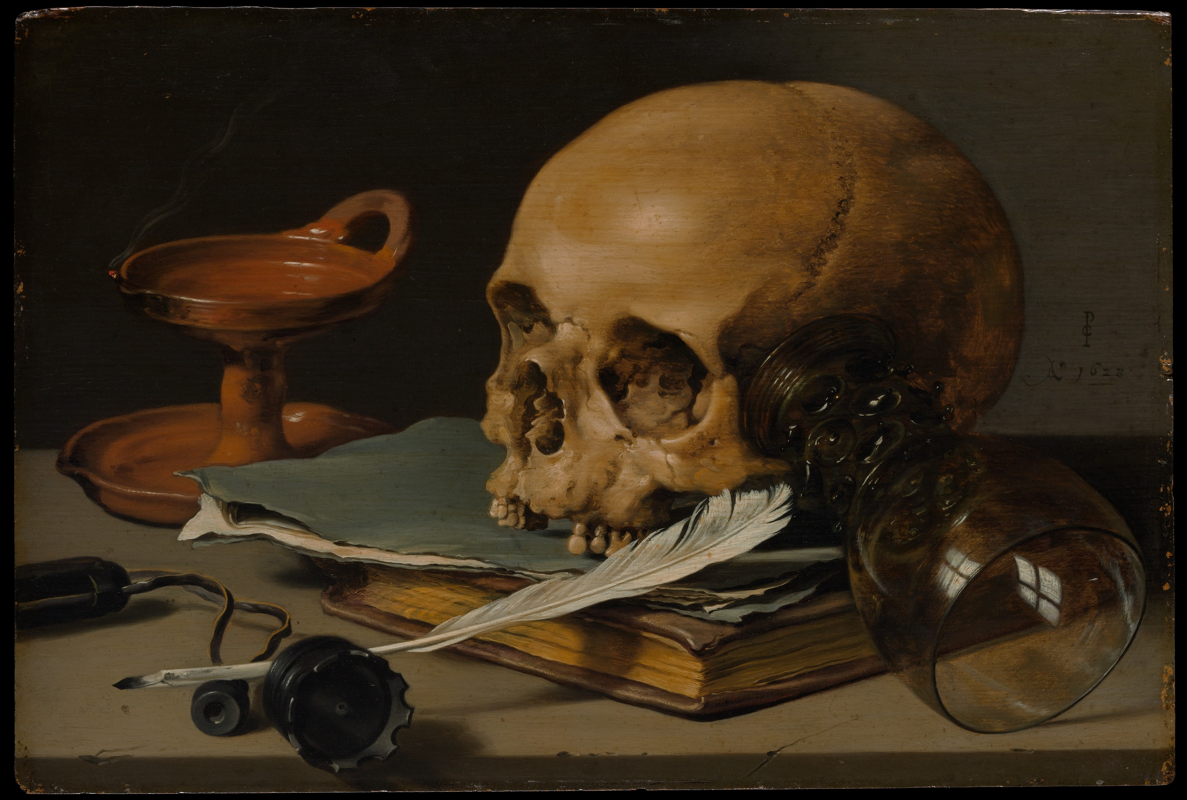 Still Life with a Skull and a Writing Quill, Pieter Claesz (Dutch, Berchem? 1596/97–1660 Haarlem), Oil on wood