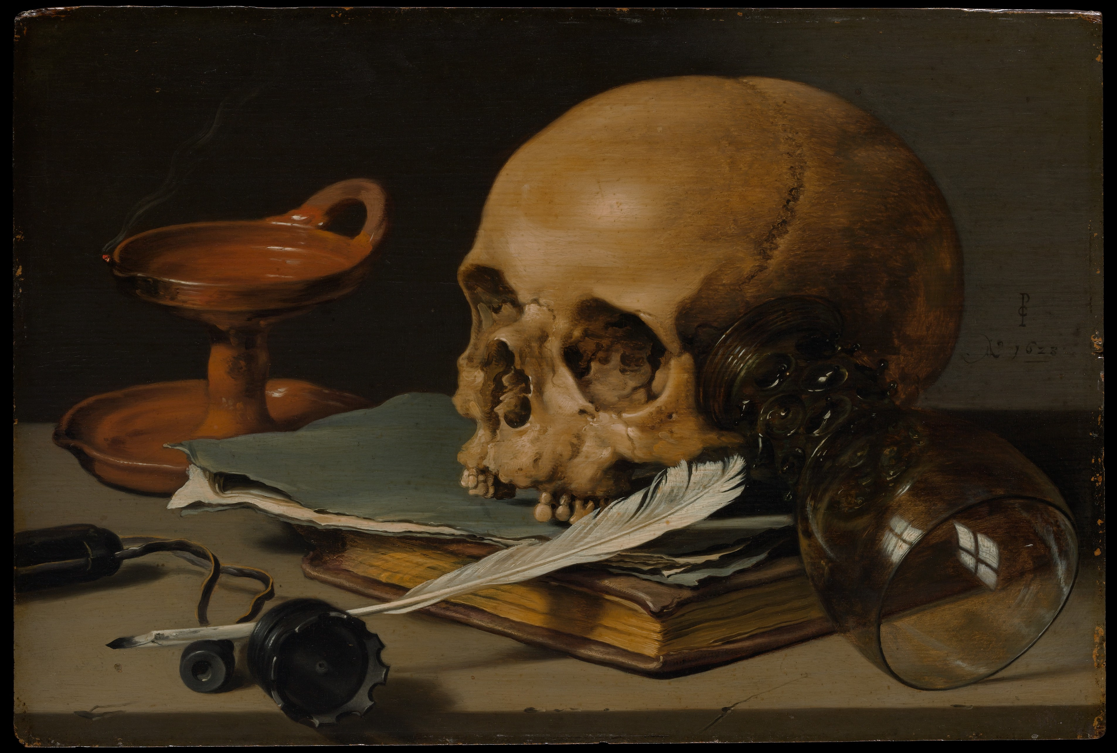 Still Life with a Skull and a Writing Quill, Pieter Claesz (Dutch, Berchem? 1596/97â1660 Haarlem), Oil on wood