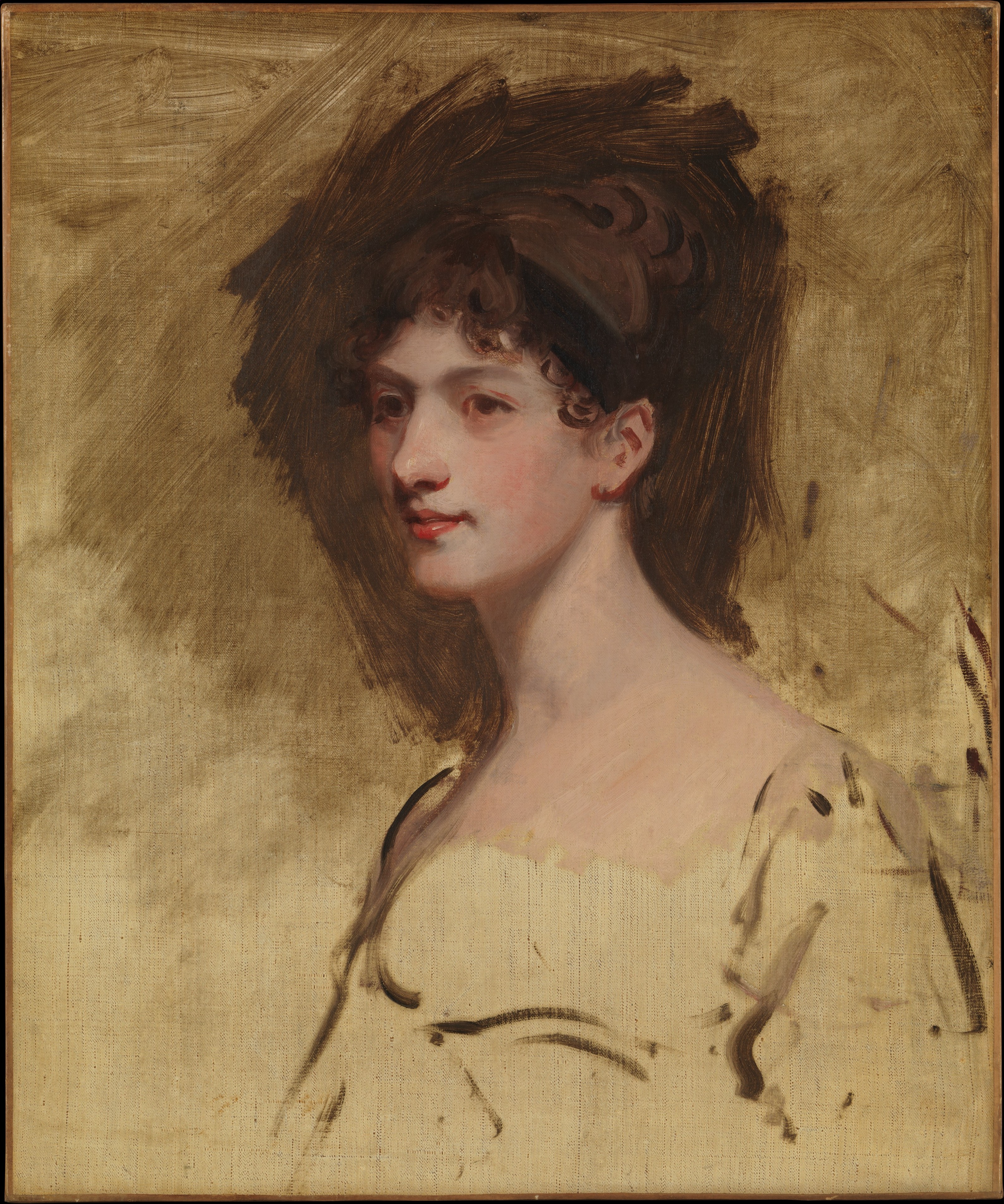 Sketch including partial painted area, young woman in profile