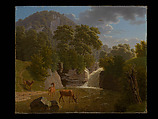 Mountain Landscape with Deer at a River, Johann Jakob Biedermann Swiss, Oil on paper, laid down on canvas
