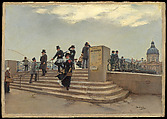 A Windy Day on the Pont des Arts, Jean Béraud  French, Oil on canvas