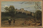View of Genzano with a Rider and Peasant, Camille Corot  French, Oil on paper, laid down on cardboard