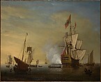 Harbor Scene: An English Ship with Sails Loosened Firing a Gun, Peter Monamy  British, Oil on canvas