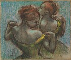 Two Dancers, Half-length, Edgar Degas French, Pastel and charcoal on tracing paper with a joined strip, laid down on cardboard