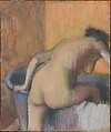 Bather Stepping into a Tub, Edgar Degas French, Pastel and charcoal on blue laid paper, mounted at perimeter on backing board
