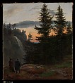 Two Men before a Waterfall at Sunset, Johan Christian Dahl (Norwegian, Bergen 1788–1857 Dresden), Oil on canvas