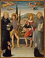 Saints Nicholas of Tolentino, Roch, Sebastian, and Bernardino of Siena, with Kneeling Donors, Benozzo Gozzoli (Benozzo di Lese di Sandro) Italian, Tempera and gold on canvas, transferred from wood