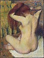 Woman Combing Her Hair, Edgar Degas French, Pastel on light green wove paper, now discolored to warm gray, affixed to original pulpboard mount