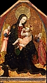 Madonna and Child with Two Angels and a Donor, Giovanni di Paolo (Giovanni di Paolo di Grazia) (Italian, Siena 1398–1482 Siena), Tempera on wood, gold ground (partly checkered with modern red glazes)