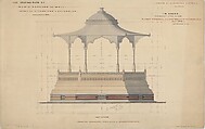 Bethesda Terrace and Mall, Music Pavilion on Mall, Details of Alteration and Extension, Mason's and Carpenter's Contract, front elevation showing additional paneling and substructure, Jacob Wrey Mould American, born England, Drawing