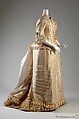 French Dress with Bustle and Islamic-Inspired Calligraphy, Cream silk organza, yellow silk faille, silk fringe, and chiffon