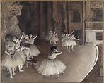 The Rehearsal of the Ballet Onstage, Edgar Degas (French, Paris 1834–1917 Paris), Oil colors freely mixed with turpentine, with traces of watercolor and pastel over pen-and-ink drawing on cream-colored wove paper, laid down on bristol board and mounted on canvas