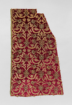 Fragment of crimson velvet with gold octagonal disks - Iranian