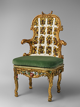 Armchair (one of a pair) (part of a set), Johann Michael Bauer  German, born Westheim, Carved, painted and gilded limewood; squab pillow in silk velvet (not original), German, Würzburg