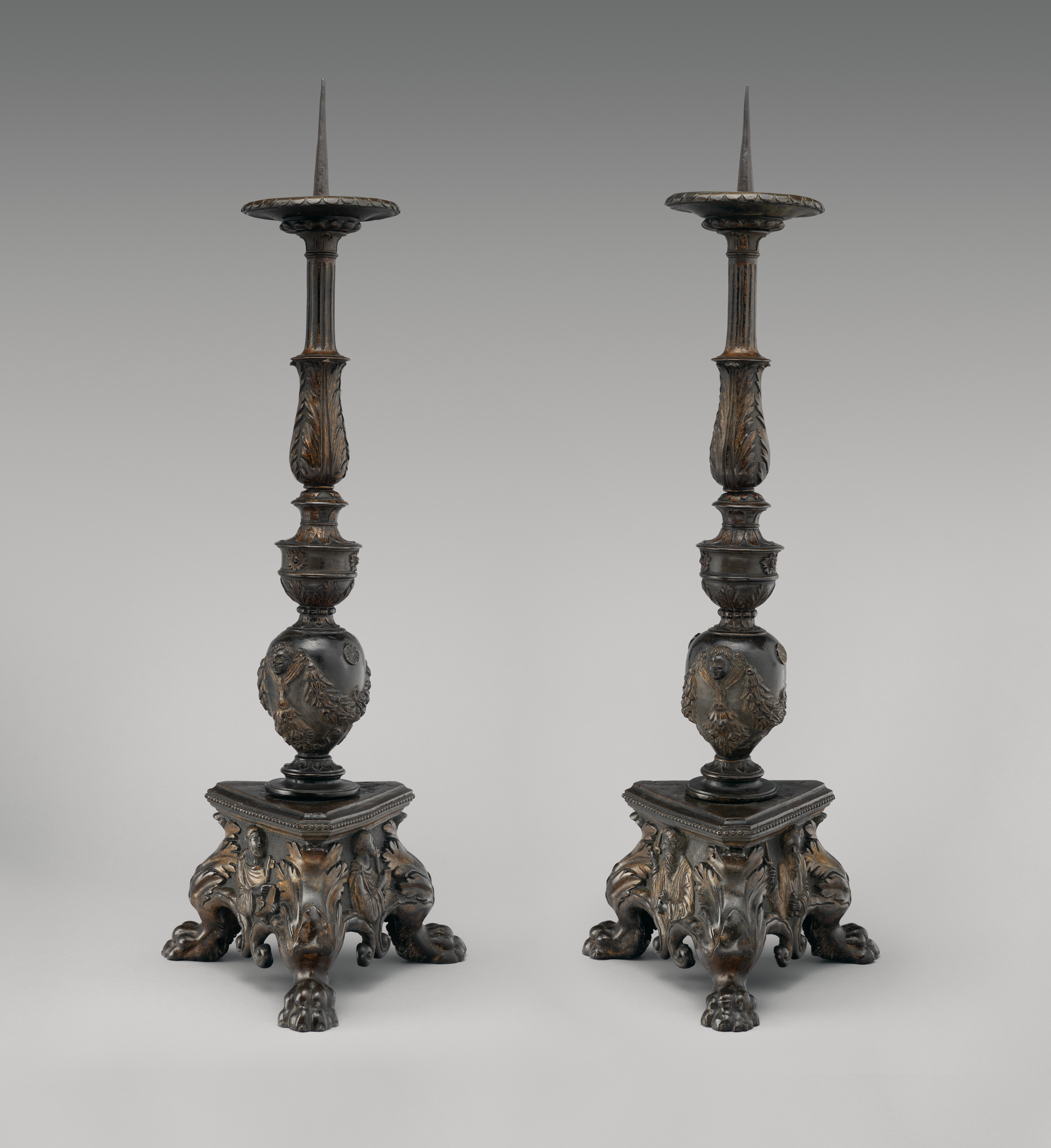 Pair Of Tall Carved Painted Italian Altar Candlesticks Late 17Th